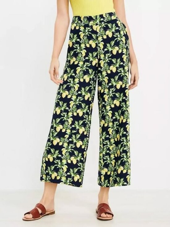 LOFT Pants - LOFT Women's Lemon Print Fluid Linen Wide Leg Crop Pants Size XXL